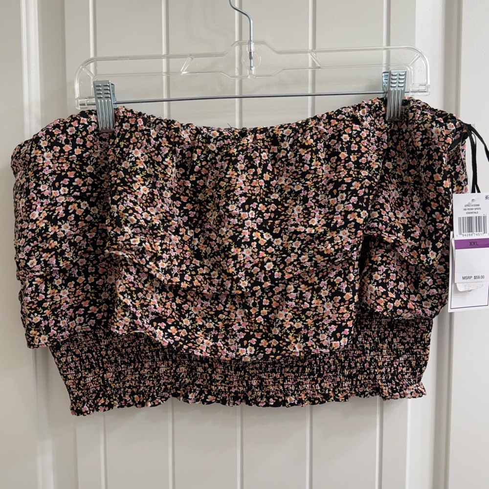 NWT 1.State Black and Pink Floral strapless crop smocked sz XXL
